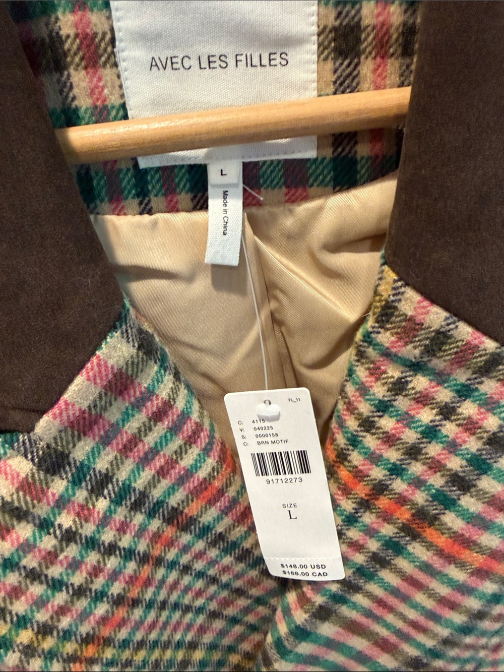 Avec Les Filles Green Multi-Check Double-Breasted Blazer with Brown Collar - Picture 2 of 6